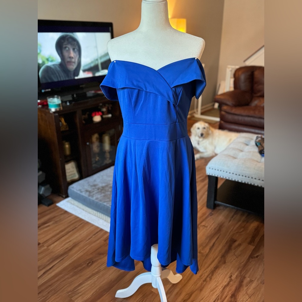 Off the Shoulder Cocktail High Low Dress - Royal Blue Large